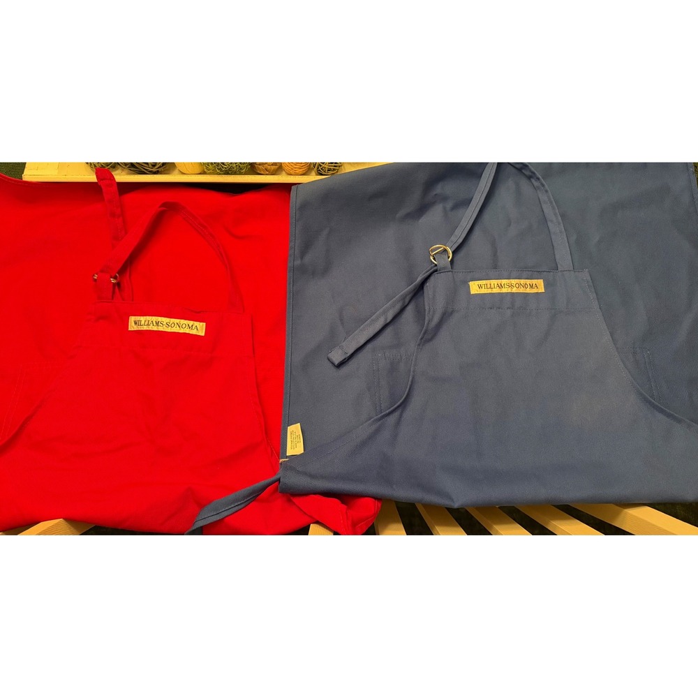 Williams Sonoma Cotton Apron Set Red Blue Logo Adjustable Pockets Made in USA
